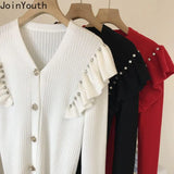 Women Cardigan Sweet Ruffles Chic Diamond Tunic Knitted Sweater Coat Sueter De Mujer Fashion Pull Femme Korean Tops