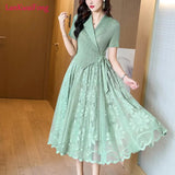 Elegant Commuter Mosaic Midi Pleated Dress Short Sleeve Lapel Elegant Dress Embroidered Mesh Splice Beaded Premium Dress-Outfit