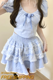Plaid Kawaii Two Piece Skirt Set Women Lace Lolita Mini Skirt Suit Female Korean Fashion Elegant Cute Party Set 2023