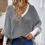 Fongt And Winter New Loose Knitted Stripes V Collar Bat Sleeve Splicing Stuff Sweater Women's Clothing