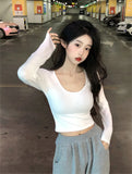 Fongt 2023 New Pure Desire Wind Hot Girl Big U Collar Show Slim Short White Long Sleeve T Shirt Jacket Women's
