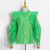Solid Color Chiffon Perspective Shirt For Women Lepal Long Sleeves Floral Ruffle Shirts Female 2022 Spring