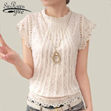 White Lace Blouse Short Sleeve Stand Collar Women Tops Elegant Patchwork Crochet Women Shirt Plus Size Blusas Mujer
