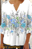 Floral Print Summer Blouse Women Elegant Simple Shirt V Neck Button 3/4 Length Sleeve Casual Holiday Basic Tops