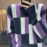 Autumn Winter Casual Geometric Patchwork Sweaters Women's Clothing Fashion Contrasting Colors Round Neck Knitted Jumpers-Outfit