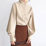 Lantern Sleeve Blouse Women Autumn Winter Single Breasted Stand Collar Shirts Office Work Blouse Solid Vintage Blouse
