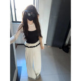 Fongt Rice White Temperament Spliced High-Waisted Casual Pants Women Spring New Small Loose Broad Legs Long Trousers