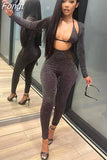 Bling Glitter Sequins Y2K Outfits 2 Piece Set Lace Up Long Sleeve Halter Crop Top Jumpsuit Matching Suit