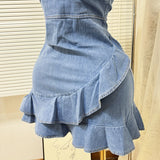 Fongt Summer Elastic Waist Sexy Cowboy Sling Dress Lotus Side Ass Short Skirt Girl