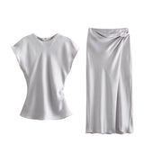 Spring Satin Texture Blouse 2451305 Knot Flute Skirt 2448305-Outfit