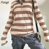 Women Fairy Grunge Knit Basic Shirt Autumn Y2K Grey Black Striped Long Sleeve Round Neck Tops Emo
