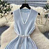 Fongt Sleeveless Knitted Striped Dress Women's Summer Slanted Belt Lightly Mature Sister Temperament Long Skirt