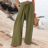 Casual Trousers Solid Color Lace Wide