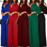 Spring Summer Women Jumpsuit Sexy Hollow Off Shoulder Romper V Neck Half Sleeve Solid High Waisted Belt Wide Leg