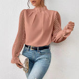 Fongt Spring And Autumn New Solid Color Half Height Folding Spliced Wavy Lotus Leaf Side Long Sleeve Yarn Cloth