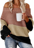 Fongt And Winter Women's One Word Collar Loose Splicing Color Knit Jumper Sweater