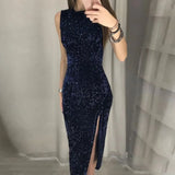 Popular Nightclub Sexy Dress Dress Irregular Sequin Forked Dress-Outfit