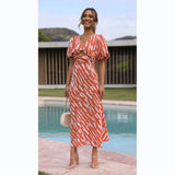 Fongt Fresh And Sweet Wind Print V-Neck A Word Long Dress 23025-Outfit