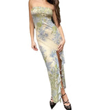 Fongt New Temperament Elegant Wind Mesh Printing Open Body Tector Dress Dress Long Dress