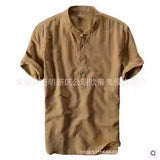 Fongt Summer Travel Holiday Men's Leisure Simple Small Fresh Linen Shirt Thin Solid Color Short-Sleeved Leisure