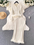 Fongt High-End Small Fragrant Style Two Sets Of Women's Atmosphere Knitted Open Fork Shirt T-Shirt