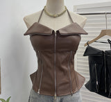 Fongt Shoot Hottie Hanging Neck Zipper Open Fork Sling Vest Pu Skin Bra Repair Short Sleeveless Top 8112