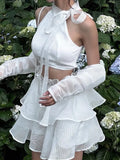 Casual Slim Solid Dress Set Women Holiday 2 Piece Sets Bow Crop Top With Gloves Mid-Waisted Mini Skirts With