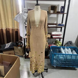 Fongt 2025 New Temperament V-Necked Liangs Sleeve Knitted Long Dress