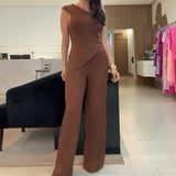 Fongt 2024 New Solid Color Diagonal Collar Stripe Elastic Slim Knit Sweater Pants Suit Women-Outfit