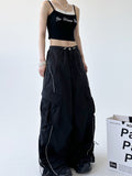 Fongt New Tight High Waist Design Sense Niche Black Cargo Pants Female Loose Casual Fashion Draw Rope Wide Leg Pants-Outfit