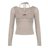 Aesthetic Halter Neck Bow Long Sleeve Tee-Outfit