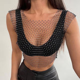 Sexy Mesh Crop Tops for Women 2023 Summer Rhinestones Fashion Party See Through Fishnet Tank Hollow Out Backless Top