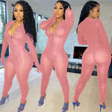 Mesh Sheer Glitter Bodycon Jumpsuits Women Long Sleeve Front Zipper Rompers Female Overalls One Piece Jumpsuit Club Outfits-Outfit
