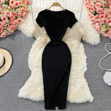 Fongt Thin Collar Knitted Dress Short Sleeve 2025 Summer New Temperament Sexy Hot Ass Long Skirt