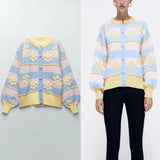 2021 Flower Jacquard Cardigan Women Long Puff Sleeve Striped Knit Sweater Female Front Button Up Egegant Fitted Knitted