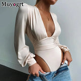 Black Deep V Neck Bodysuit Women Sexy Puff Sleeve Bodycon Jumpsuit Solid Elastic Casual Party Winter Bodysuits Body