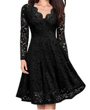 Women's Elegant Lace Dress for Party Evening Club Vintage Long Sleeve V Neck Solid Bridesmaid Dress Slim Mini Dress