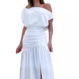 Fongt Summer Women's Fashion Sexy Diagonal Collar Waist Slits Mop The Floor Holiday Wind Solid Color