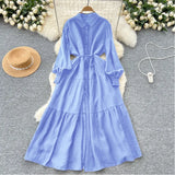 Fongt Fashion Casual Long-Sleeved Shirt Dress Women Loose Tidive With Long Skirt 0515