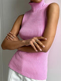 Sweater Pullover Turtleneck Women Ribbed Fashion Sleeveless High Waist Knitwear Top Slim Streetwear Female Pullover-Outfit