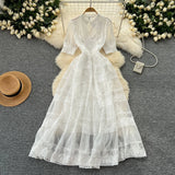 Fongt Retro Court Dress Women's Waist Thin Temperament Bubble Sleeve Lace Splicing Big Swing Dress Dress