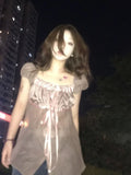 Sweet Slim Waist Bow Lace Up T-shirts 2024 Summer New Square Collar Tee Shirt Y2k Grunge Puff Sleeve Tops Women-Outfit