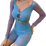 Fongt Women's Sexy Wrapped Breasted Babes Set High Waist Repair Blue
