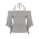 Fongt New Retro Stripe Shoulder Horn Sleeve T-Shirt Hottie Beaded Neck Small Repair Body