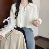 The New Korean Version Lace-Up Pullover In Spring 2024 Is Girly With Polo Collar And Simple Bottomed Sweater.-Outfit