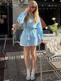 Fongt Women's Dress Design Long-Sleeved Striped Shirt Tightly Shorts Set