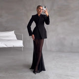 Fongt Women's New Splicing Show Body Temperament Fashion Black Sleeve Long-Sleeved Dress