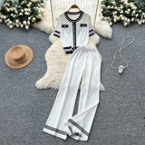 Fongt Fragrant Breeze Sleeze Sleeze Round-Neck Collar Knitted Top Women High-Waisted Leisure Broad-Legged Pants Summer Suit