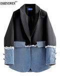2024 Autumn New Fashion Elegant Turn-down Collar Long Sleeve Single-breasted Loose Patchwork Coat Women TH490-Outfit