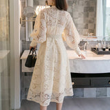 Quality 2022 Autumn Runway Long Dress Women Single-breasted Lantern Sleeves Hollow Embroidered Lace Sashes
